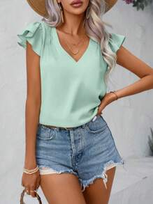 SHEIN LUNE Summer V-Neck Solid Color Ruffle Sleeve Blouse - Green - View 1