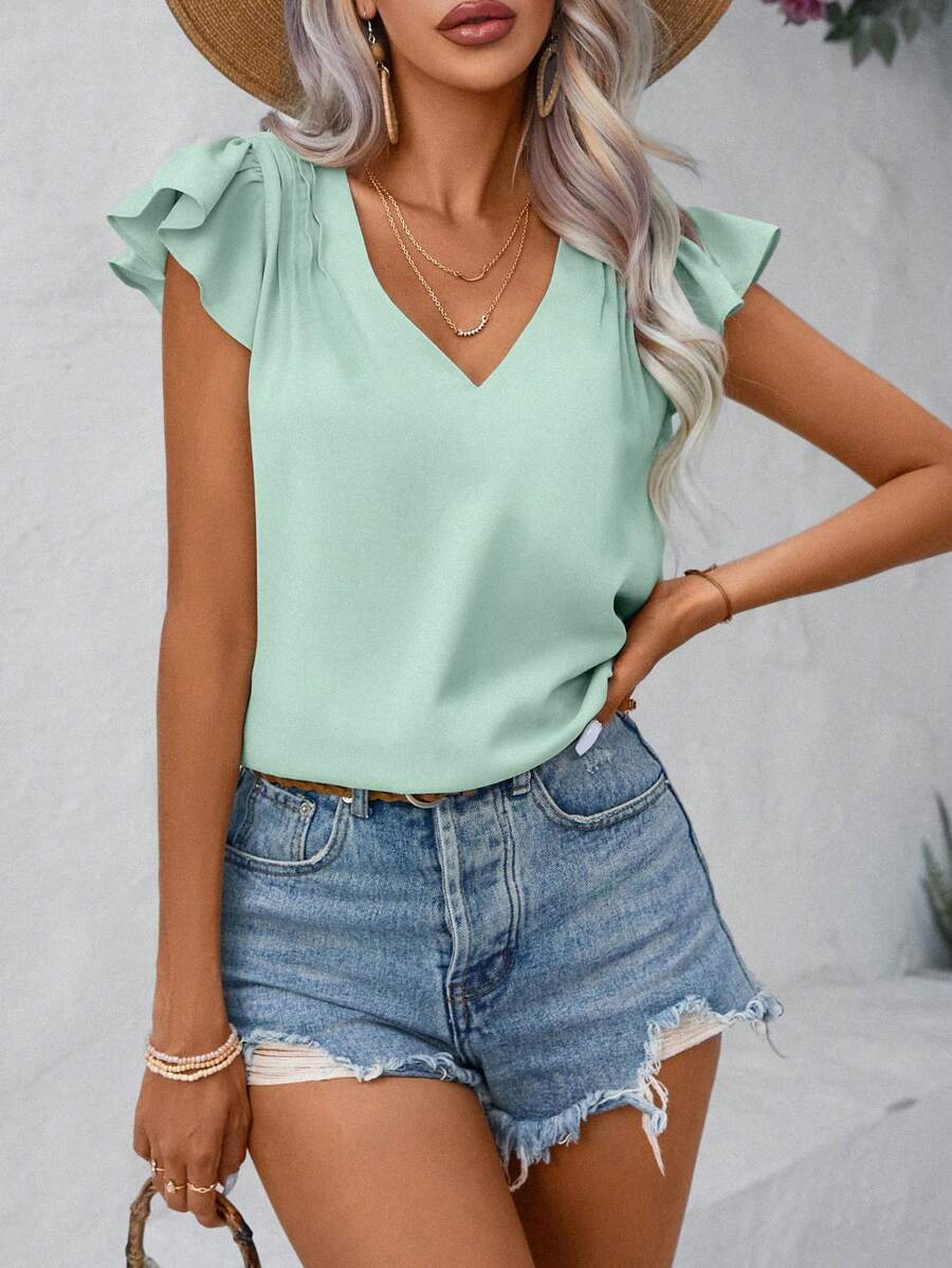 SHEIN LUNE Summer V-Neck Solid Color Ruffle Sleeve Blouse - Green - View 1