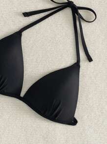 SHEIN Swim 2 piezas Top de bikini de unicolor y estampado de leopardo, conjunto de bikini de vacaciones de playa, bikini triángulo estampado de leopardo de verano