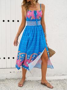 Breezaya Women Summer Vacation Floral Printed Split Front Spaghetti Strap Dress - Multicolor - View 3