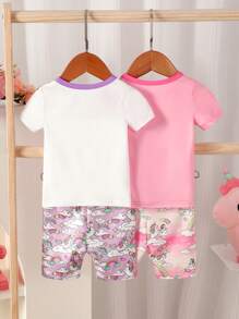 Baby Girl Leisure Linda Ubicación Digital Con Láser Camiseta De Manga Corta Y Pantalones Cortos Con Estampado De Unicornio Y Estampado De Nubes, Conjunto De Ropa Para El Hogar Multicolor De Cuatro Piezas, Ajuste Ceñido