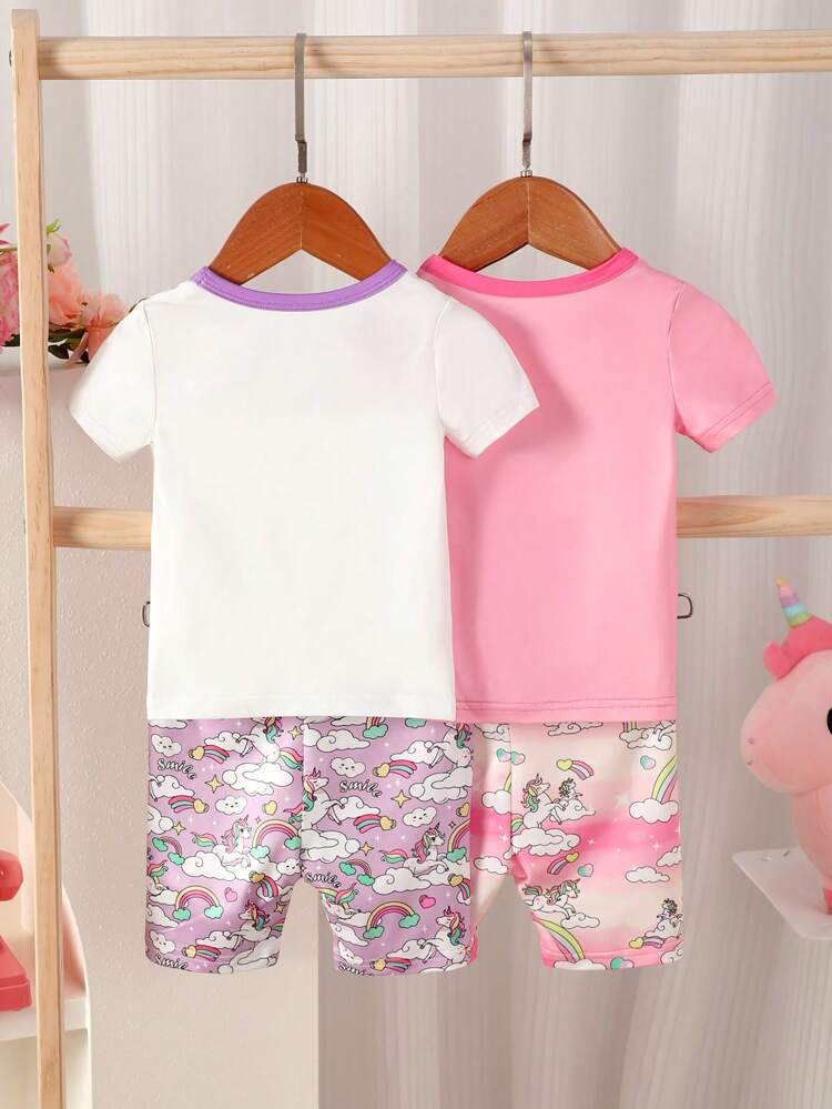 Baby Girl Leisure Cute Laser Digital Location Unicorn Print Short Sleeve Top And Shorts With Clouds Print, Multicolor Four-Piece Home Outfit Set, Snug Fit