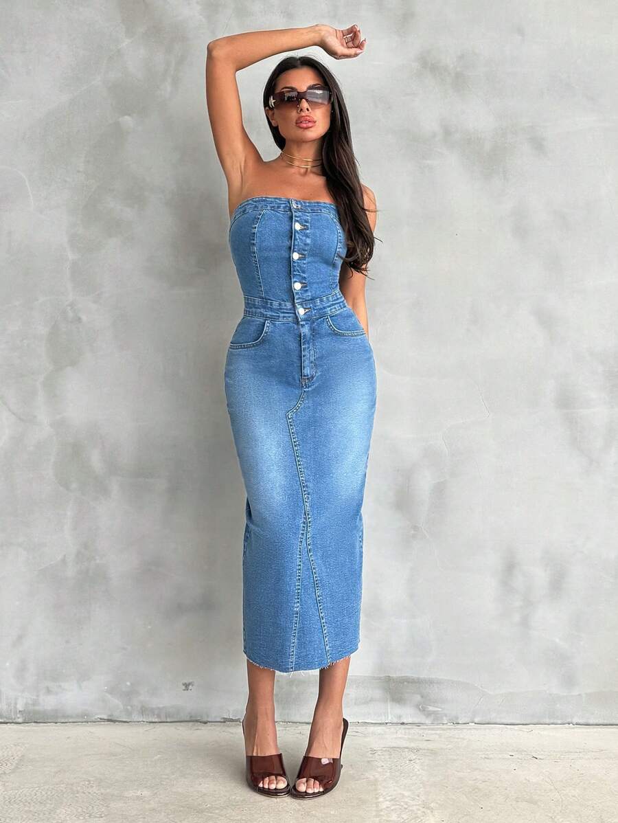 RueChic MEDIUM BLUE DRESS DENIM For Summer - Blue - View 1