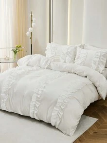 3pcs White Polyester Vertical Striped Ruffle Bedding Set With Four Big Bowknots And Three Layers Of Ruffles - White - View 2