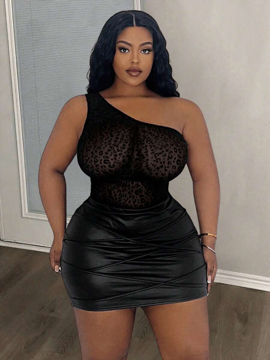 Slaydiva 大碼優雅性感透視單肩豹紋絨面連身衣，適用於派對和聚會 - 黑色 - 查看 1