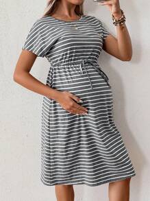SHEIN Summer Fashionable Loose Striped Maternity Dress