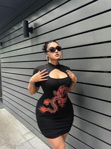 Flirla Đầm sườn xám tay ngắn cỡ lớn cho nữ có họa tiết hoa in hình rồng cho mùa hè - màu đen - Xem 1