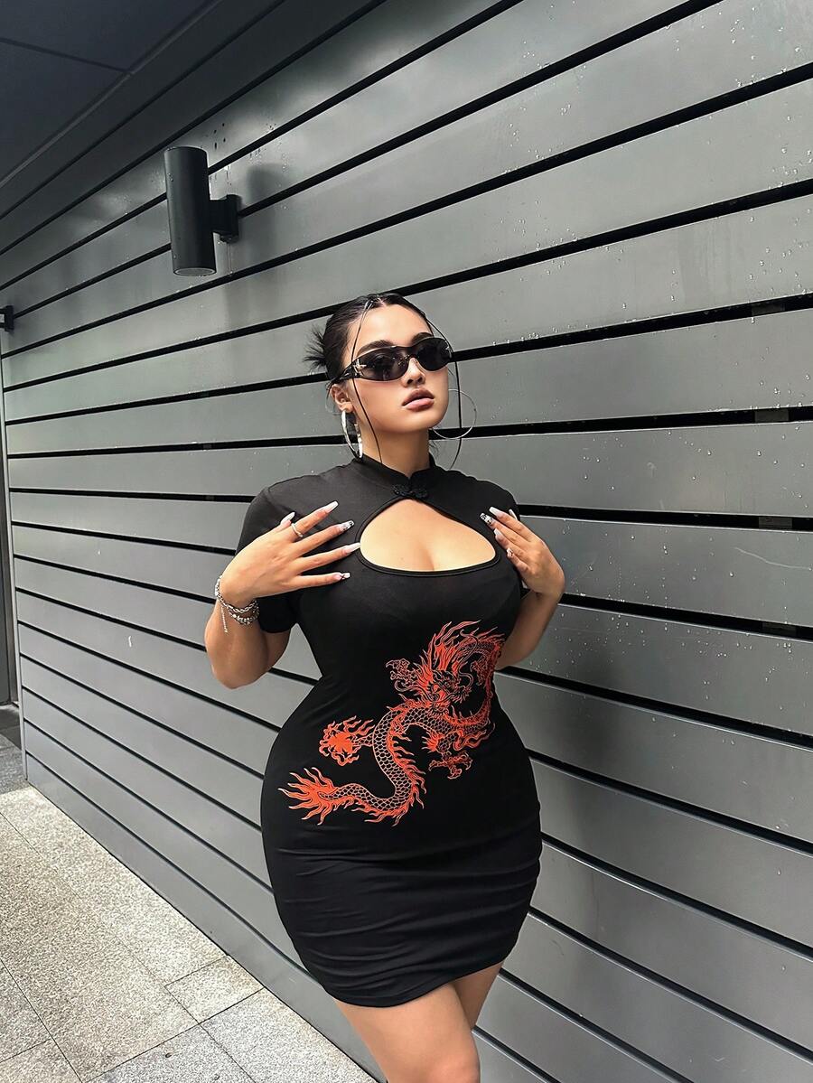 Flirla Đầm sườn xám tay ngắn cỡ lớn cho nữ có họa tiết hoa in hình rồng cho mùa hè - màu đen - Xem 1