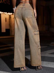 SHEIN BAE Leisure Water Wash Retro Distressed Straight-Leg Workwear Jeans