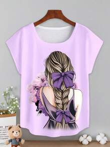INAWLY Summer Cartoon Printed Round Neck Short Sleeve Casual Women T-Shirt Graphic Tees Women Tops - Purple - View 3
