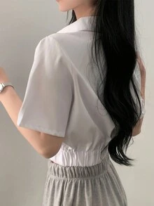 女款甜美夏季純色雙拉鍊短袖休閒襯衫 白色 - 白色 - 查看 2