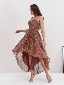 yanchunxier Women's Elegant High Low Asymmetrical Spaghetti Strap Prom Dress In Subtle Shimmer Woven Fabric Party Dress Elegant Dresses For Party Party Dresses For Women Long Party Dresses Elegant Party Dresses For Women Winter Dress Winter Dresses For Women New Year Dress - Rust Brown - View 8