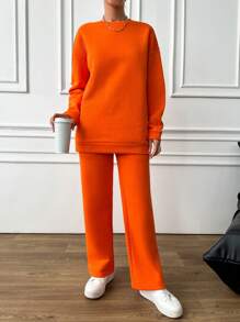 EURMUSE Women's Solid Color Drop Shoulder Fleece Sweatshirt And Sweatpants Two Piece Set - Burnt Orange - View 3