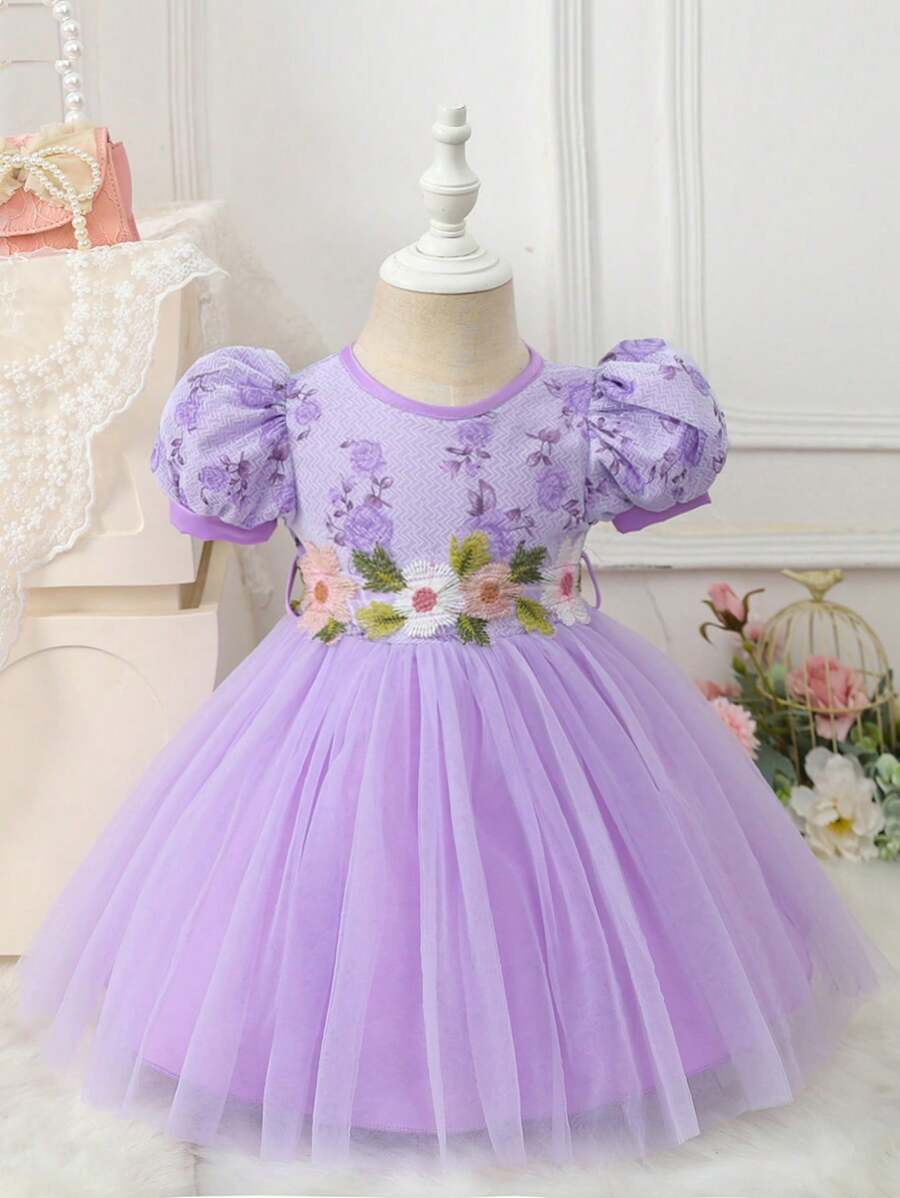 Stickerei-Mesh-Kontrast-Puffärmel Hübsches Kleid für Baby-Mädchen