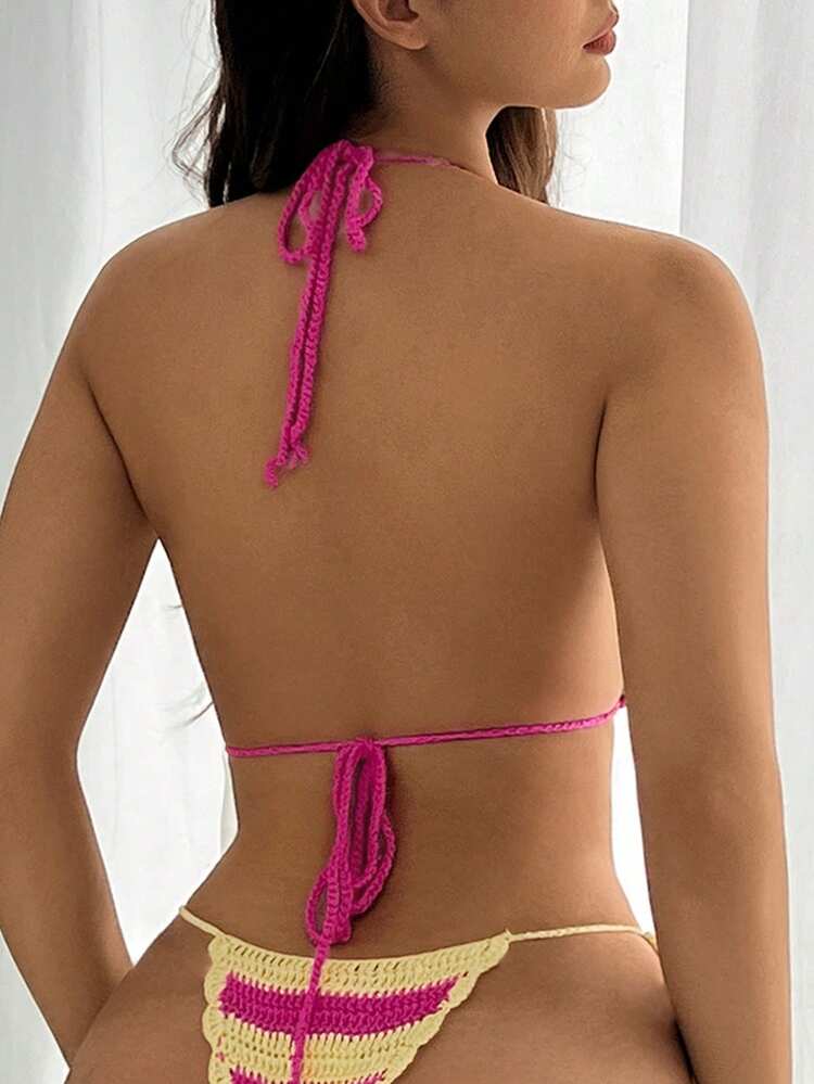 Women Summer Holiday Crochet Contrast Color Bikini Cover-Up