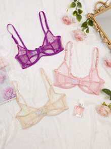 SHEIN Biustonosz damski z siateczki w kropki i kokardą, na fiszbinach, bielizna - Wielokolorowe - Zobacz 6