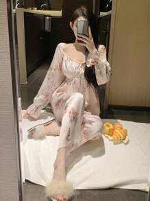 DAZY Ladies" Stylish French Print Satin Pajama Set - Pink - View 5