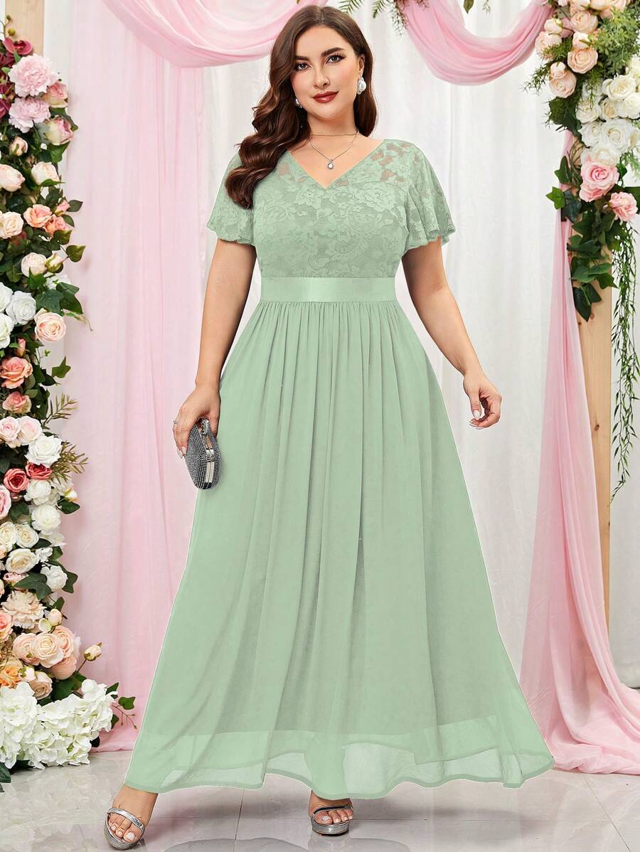 MIUSOL Vestido de festa formal plus size com contraste floral, renda, mangas bufantes, chiffon, para convidada de casamento - Menta verde - Ver 1