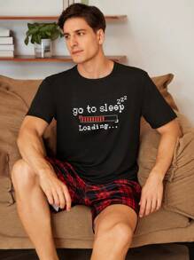Men Letter Print Round Neck Short Sleeve Top And Plaid Print Shorts Summer Casual Home Clothing Set - Black - View 7