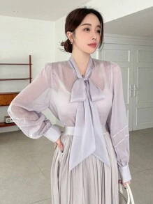 DAZY Solid Color Loose Long Sleeve Lady Shirt With Ribbon Tie Sheer