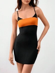 Forever 21 Summer Slim Fit Color Block 2 In 1 Spaghetti Strap Dress In Black And Orange