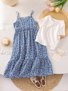 SHEIN LMoss Kids 年轻女孩针织纯色圆领休闲 T 恤搭配编织碎花印花细肩带连衣裙套装