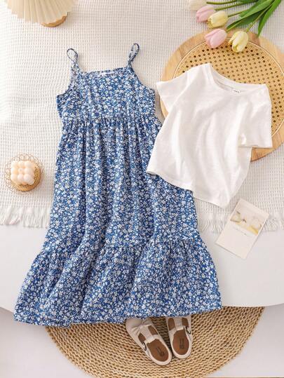 SHEIN LMoss Kids 年轻女孩针织纯色圆领休闲 T 恤搭配编织碎花印花细肩带连衣裙套装