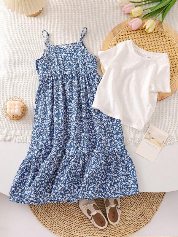 SHEIN LMoss Kids Young Girl Knitted Solid Color Round Neck Casual T-Shirt With Woven Ditsy Floral Print Spaghetti Strap Dress Set