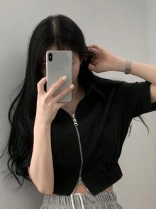 YCYC 女款甜美夏季純色雙拉鍊短袖休閒襯衫 - 黑色 - 查看 8