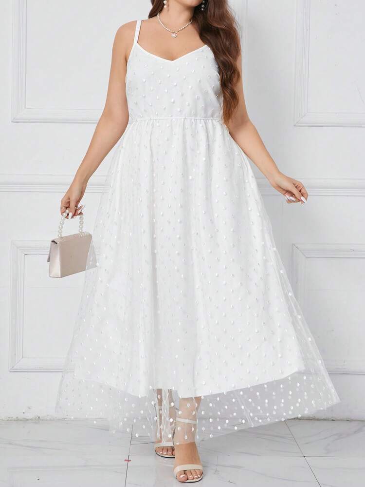 Plus Size Women Summer Solid Color Long Mesh Splice Strap Casual Elegant Dress