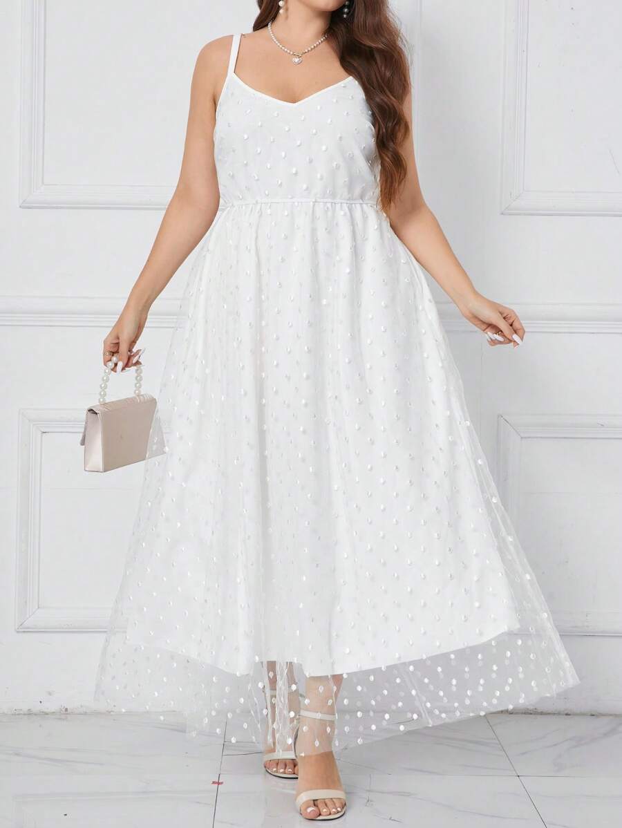 SHEIN Clasi Plus Size Women Summer Solid Color Long Mesh Splice Strap Casual Elegant Dress - White - View 1