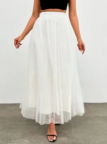 RueChic Váy xếp li lưới đơn giản màu trơn dành cho nữ - trắng - Xem 5