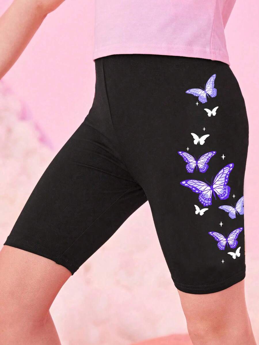 Tween Girl Casual & Concise Butterfly Print Capri Leggings Suitable For Summer - Black - View 1