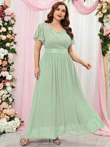 MIUSOL Vestido de festa formal plus size com contraste floral, renda, mangas bufantes, chiffon, para convidada de casamento - Menta verde - Ver 3