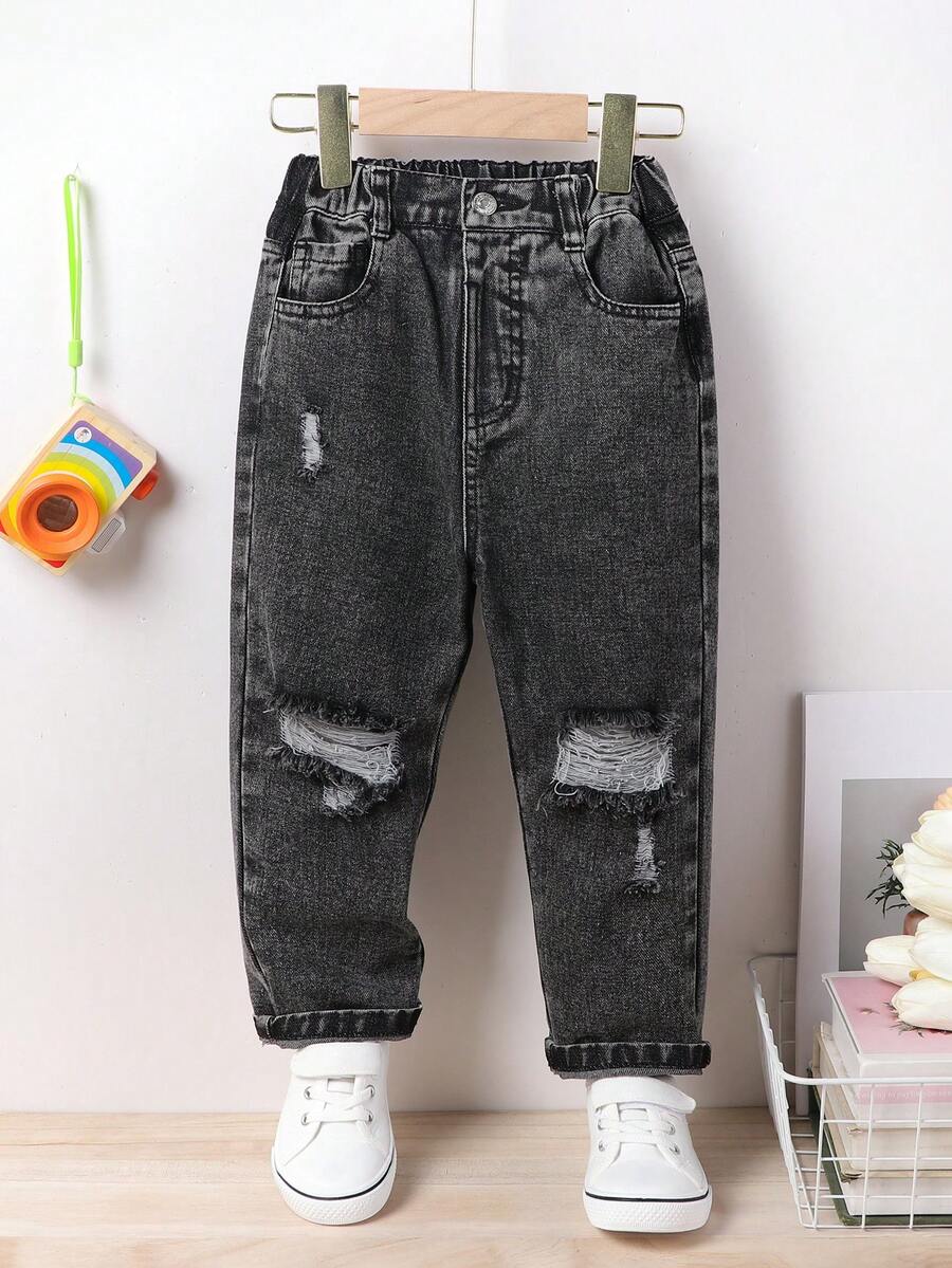 Quần Jean Màu Trơn Cô Gái Trẻ Có Túi, Nút Và Chi Tiết Họa Tiết Đau Khổ - màu đen - Xem 1