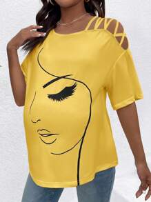 SHEIN 孕婦時尚線描人物印花短袖T恤 - 黃色 - 查看 2