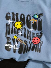 SHEIN Baby Boys' Round Neck Short Sleeve Expression & Letter Printed T-Shirt And Long Pants Set - Dusty Blue - View 6