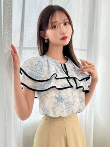 FRIFUL Women Summer Casual Plant Print Contrast-Edge Ruffle Hem Blouse Floral - Blue - View 4