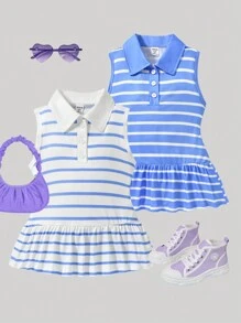 SHEIN Conjunto de 2 piezas de top de tirantes a rayas para niñas adolescentes - Azul y blanco - View 1