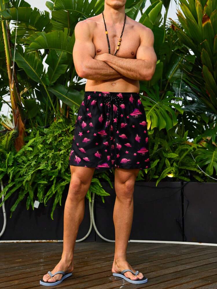 Men Loose Fit Beach Shorts With Universe Spaceship Print For Swimming/Pool Vacation
