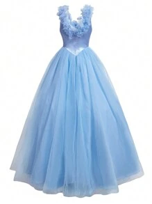 SHEIN Belle Elegante y lindo vestido azul de tul para mujer con escote en V, flores 3D y falda de princesa pomposa para eventos formales, baile de graduación, cena, boda - Celeste - Ver 8