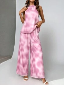 SHEIN Privé 女士夏季漸變印花露背上衣搭配印花寬褲套裝 - 彩色 - 查看 2