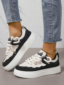 Fall/Winter Fashionable Mixed-Color Suede And Plush Spliced Pre-Tied Sneakers With Thick-Soles For Women - Black - View 5