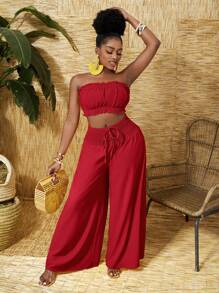 Slaydiva Bộ đồ nghỉ hè cho nữ áo crop top xù lông và quần ống rộng dáng rộng - Đỏ - Xem 5