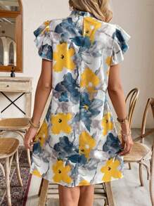 Breezaya Women Fashionable Floral Print Ruffled Sleeve Dress Vacation Beach Outfit