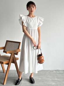 FRIFUL Women Fashionable Solid Color Ruffled Sleeve Dress Sundress - White - View 3