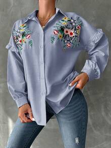 Cottnline Floral Embroidery Ruffle Trim Drop Shoulder Shirt - Blue - View 3