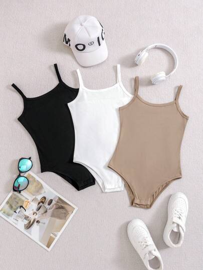 SHEIN Tween Girl 3pcs/Set Casual, Solid, Simple And Comfortable Round Neck Sleeveless Jumpsuits