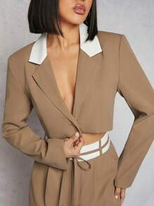 SHEIN Unity Blazer Corto Con Botones Y Solapa De Contraste - Caqui - Ver 3