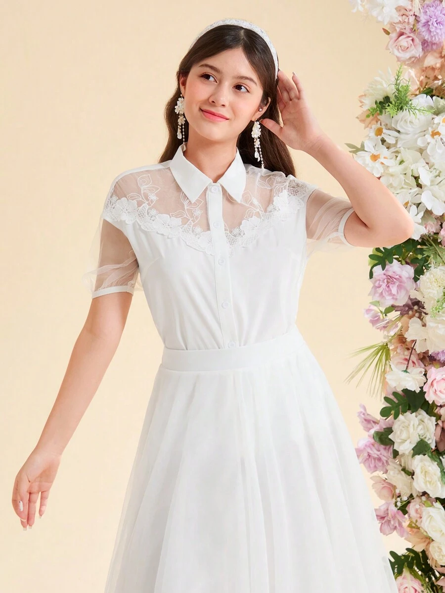 Áo sơ mi cài nút dệt lưới ren tan trong phong cách nghỉ mát cho bé gái tuổi teen - trắng - Xem 1